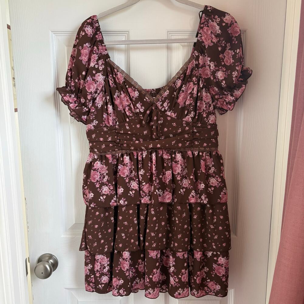 Brown floral ruffles summer mini dress XL Women’s
